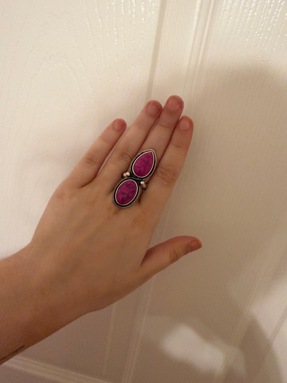 SHEIN Silver-Tone Ring with Bright Pink Teardrop & Oval Stones